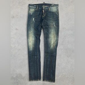 DSQUARED2 Slim Jean Distressed Skinny Paint Splat Blue Denim Jeans Size 34 x 33